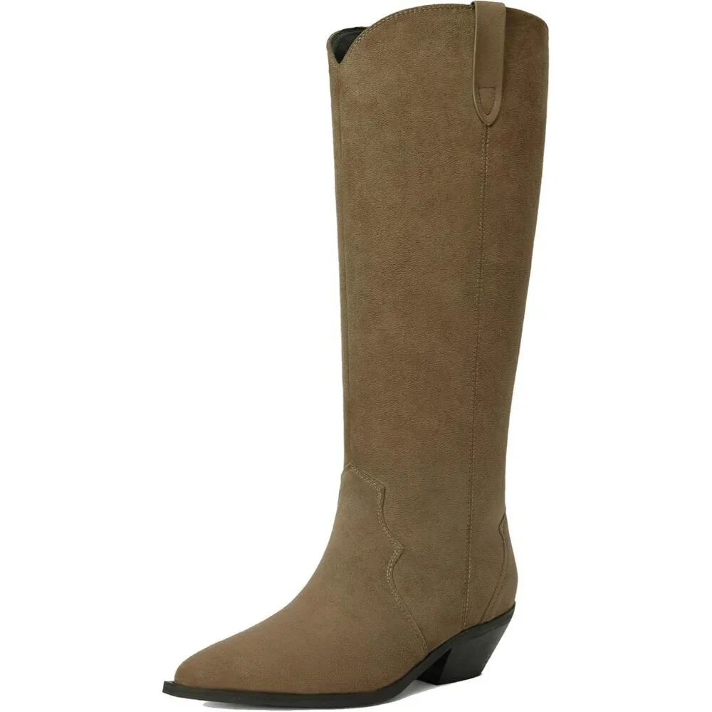 Women's Camel Knee High Faux Suede Western with 2 IN Chunky Heel Pointed